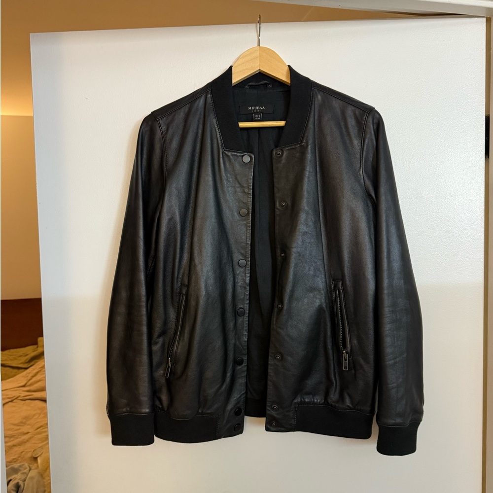 Muubaa Black Leather Bomber Jacket